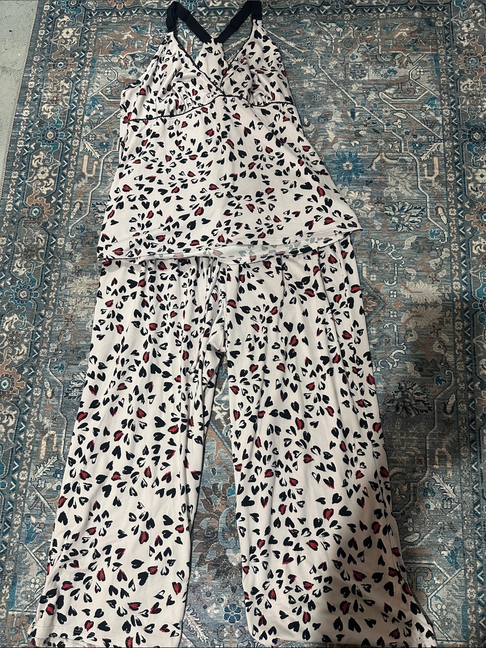 Women's Cream Pajama Set with Black & Red Heart Print